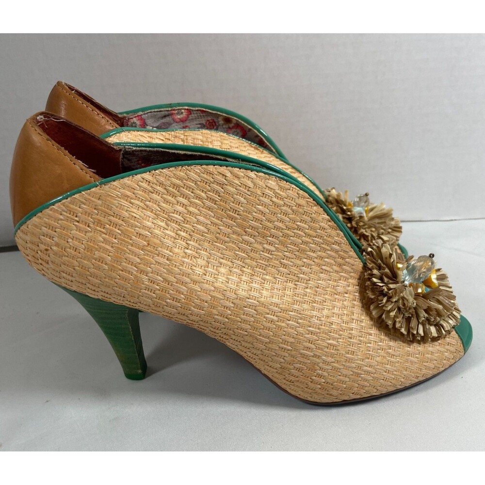 Woven Tan and Green Peep-Toe Heels with Floral Pom Accent